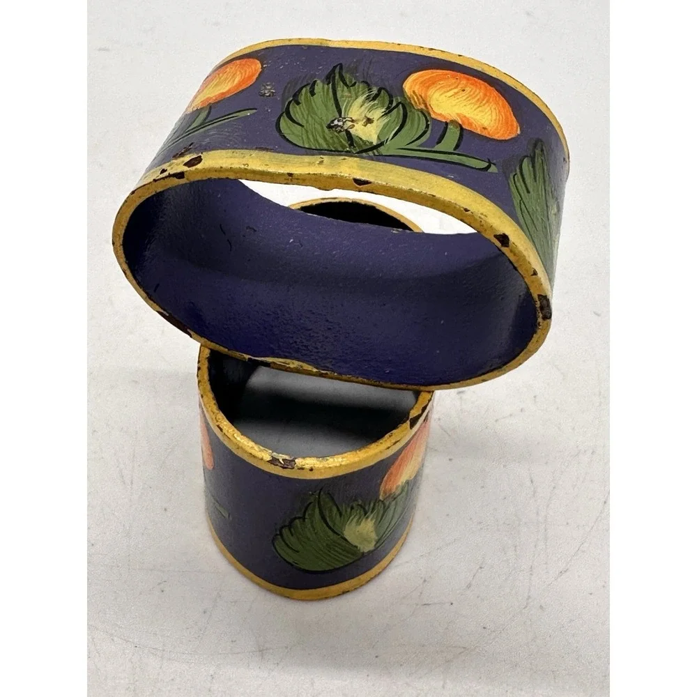 Pair Hand Painted Metal Napkin Rings Italian Tuscan Citrus Fruit Blue Decor